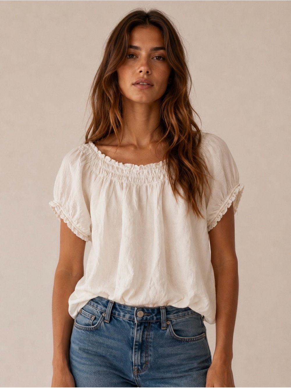 J. Crew Cream Smocked Off Shoulder Cotton Puff Sleeve Blouse S